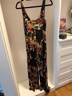 Free People Black Floral Jumpsuit with Red, Yellow & Green Accents